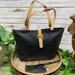 BLACK TEXTURED Tote Bag Matching Coin Key Pouch Purse Casual Collapsible